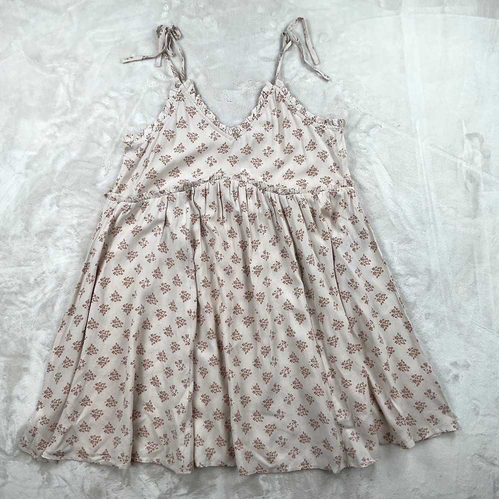 Patrons of Peace Floral Babydoll Mini Dress V-Neck Ruffle Tie Strap Twig Large